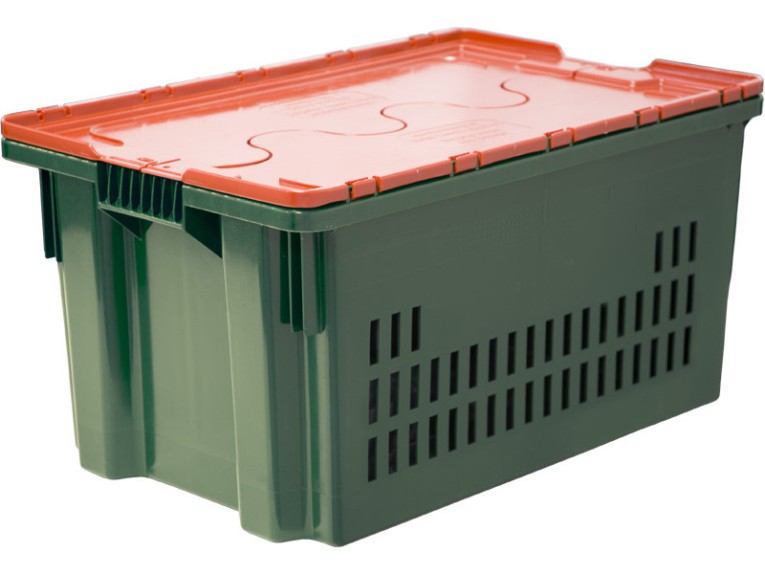 Ящик 600х400х300 дно сплошное, стенки перфорированные, Safe PRO цв. зелёный с оранжевой крышкой купить в Калининграде